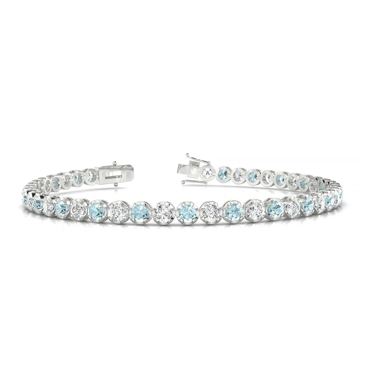 Tiger 1-1 | 18k White Gold 3 mm Round Natural Aquamarine Tennis Bracelet