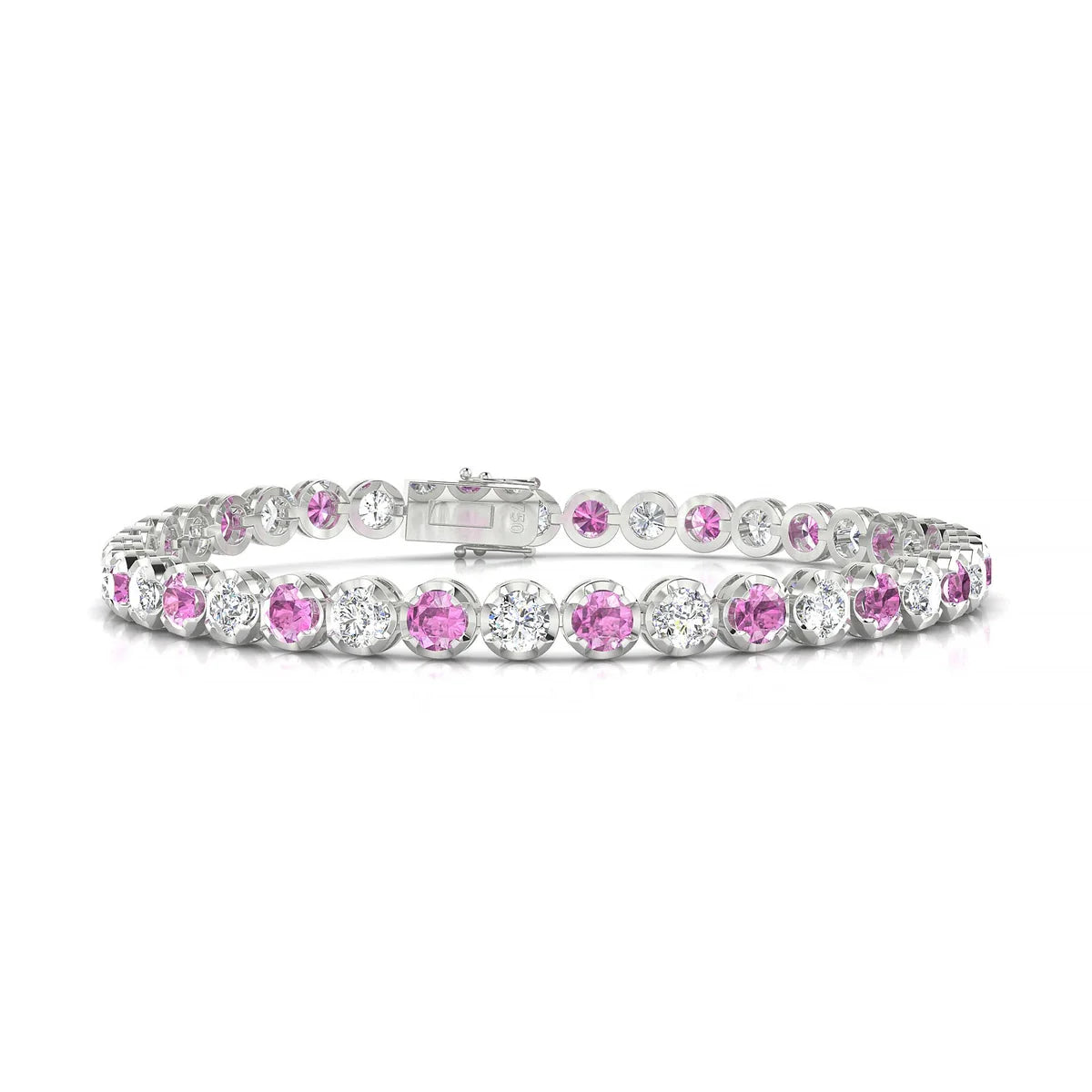 Tiger 1-1 | 18k White Gold 3.4 mm Round Natural Pink Sapphire Tennis Bracelet